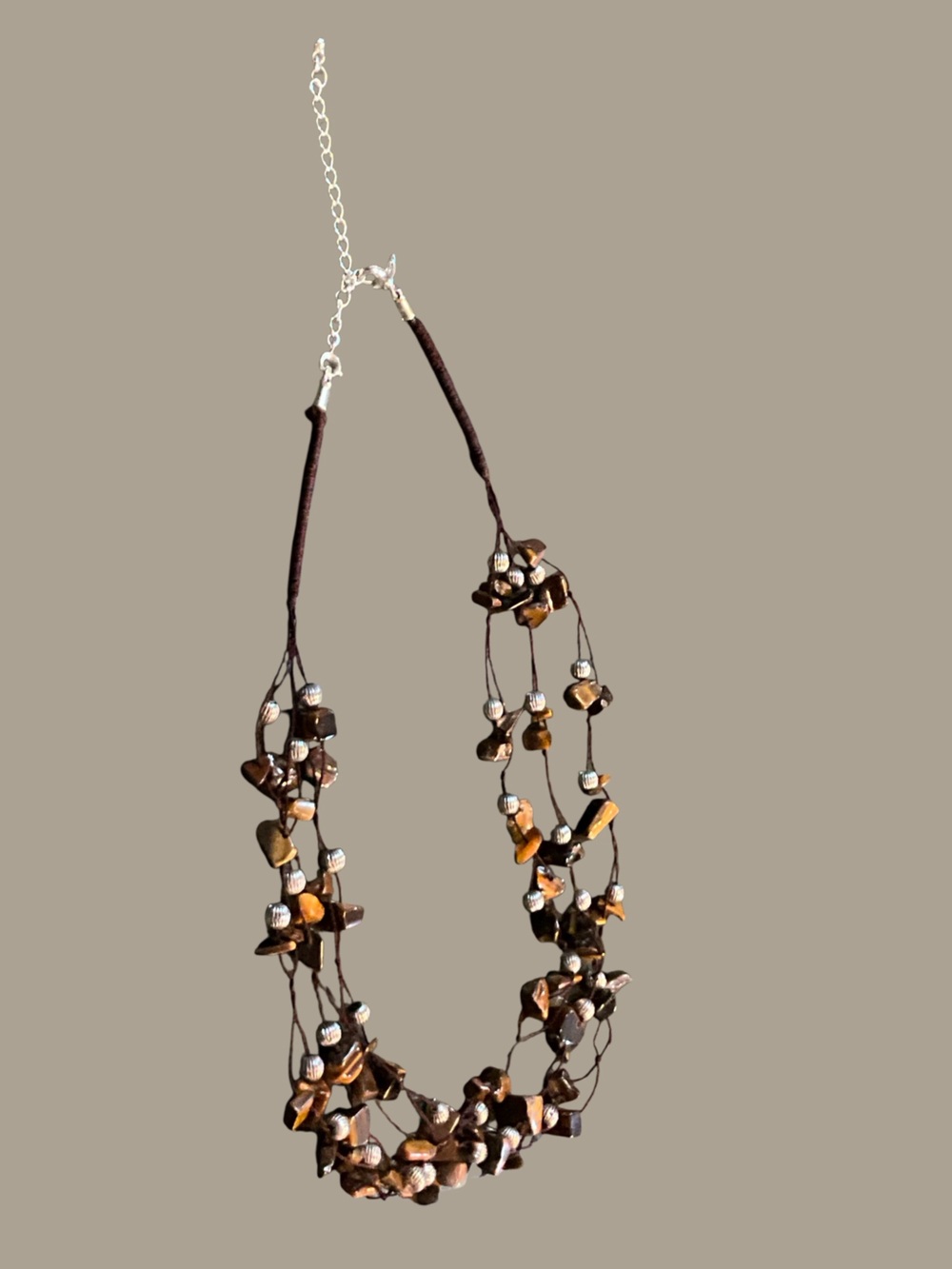 Vintage Avon Brown Tiger Eye Beaded Necklace with Silver Accent Beads